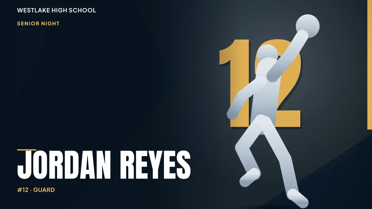A walkout screen for the gym: senior's name in large type over school colors, jersey number behind, spotlight from above